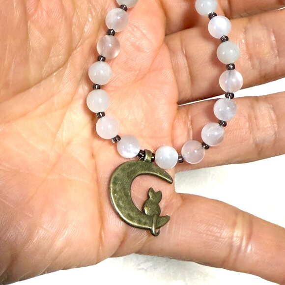 White Moonstone Bronze Cat on the Moon Necklace, Genuine Gemstone Beaded Choker - Picture 13 of 13